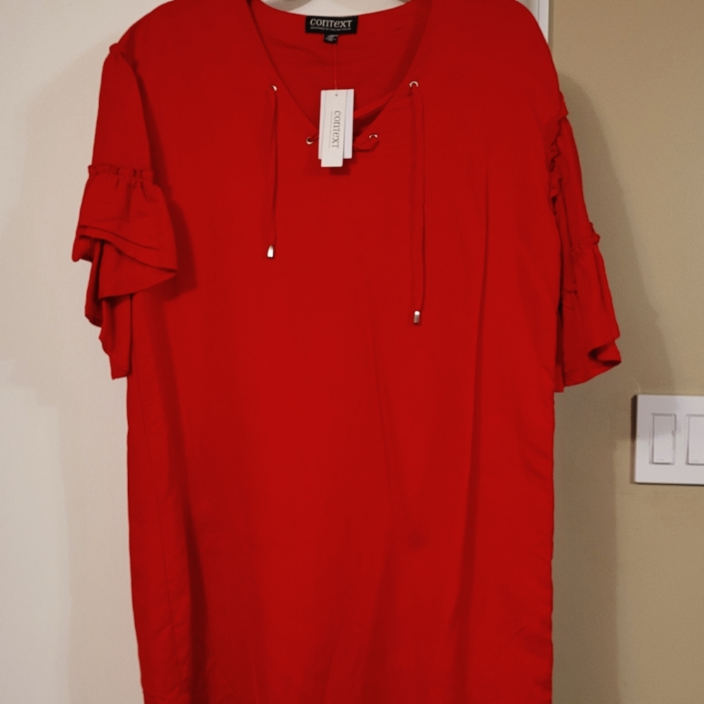 Red linen lined bell sleeve dress.